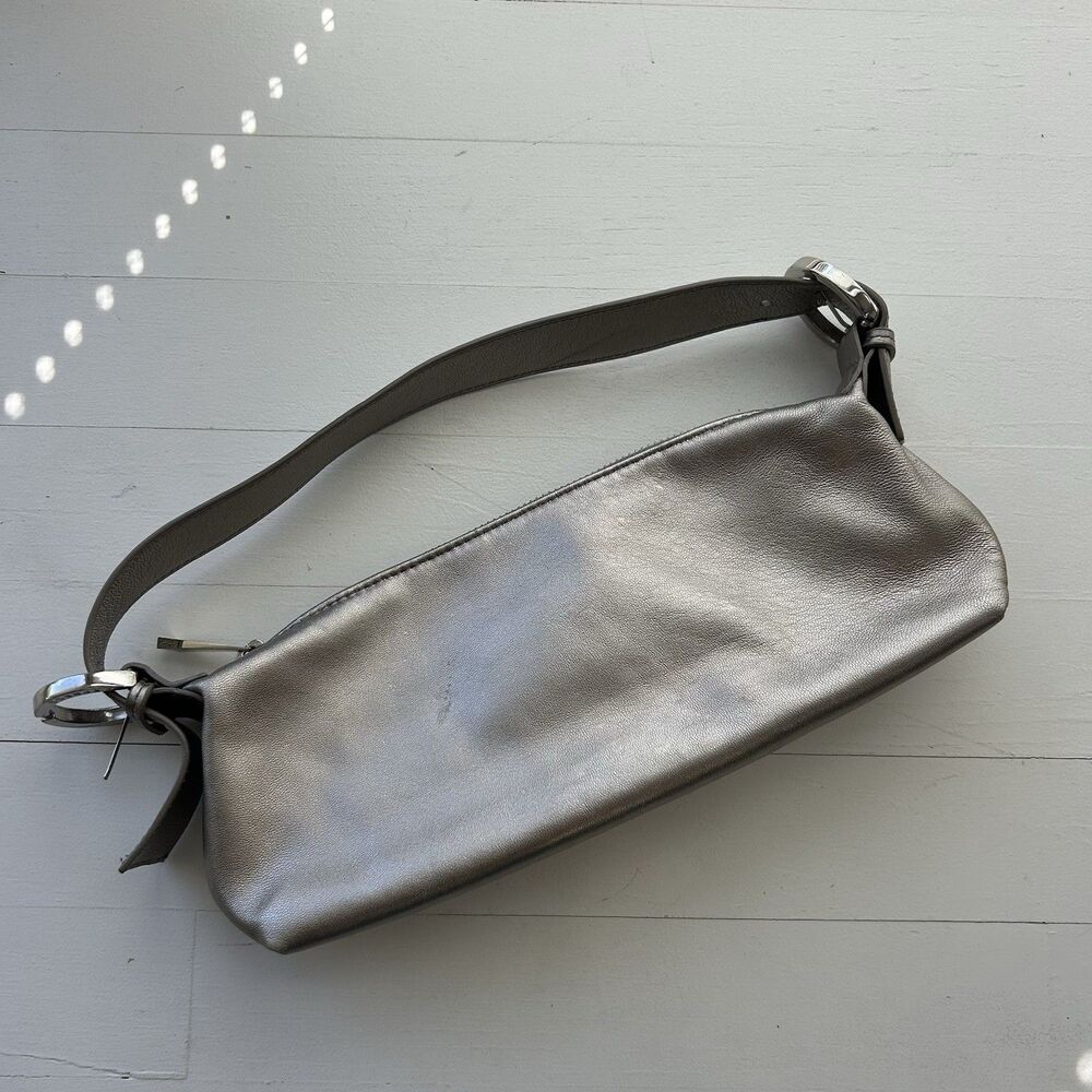 Vintage Y2K Express Silver Baguette Shoulder Bag Purse Mini Genuine Leather